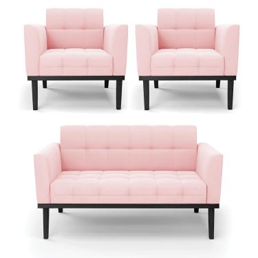 Imagem de Conjunto 2 Poltronas e 1 Namoradeira Decorativa Karen Pés Fixo em Madeira Preto Suede Rosa Bebê G19 - Gran Belo