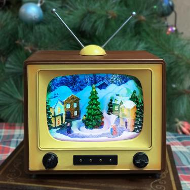 Imagem de Caixa de TV de música vintage retrô marrom com trem animado, luzes de LED, música de Natal, operada por bateria (não incluída) - 15 cm A x 10 cm L x 15,7 cm P