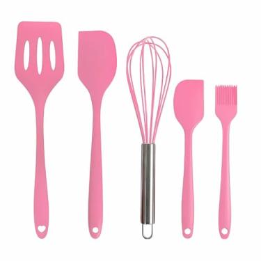 Imagem de Kit 5 Utensílios de Cozinha em Silicone Premium – Espátulas, Pincel e Batedor Resistente (Rosa Claro)