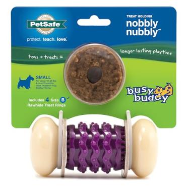 Imagem de PetSafe Busy Buddy Nobbly Treat Brinquedo para cães – Mastigadores fortes – Desafiador – Anéis de petisco incluídos – Pequeno, multicolorido