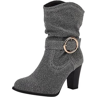 Imagem de Botas de caminhada femininas bico fino salto alto salto grosso, Prata, 8