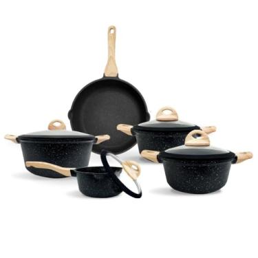 Imagem de Jogo de Panelas 5 Peças Indução e Gás – Revestimento Cerâmico Granito Antiaderente com Frigideira e Caçarolas (PRETO)