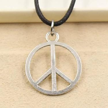 Imagem de EDCRFV Pingente tibetano de prata símbolo da paz colar berloque de couro preto feito à mão