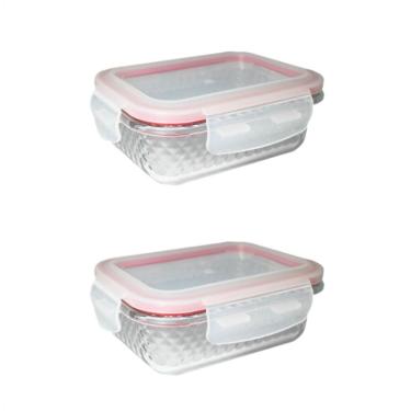 Imagem de 2 Potes De Vidro Diamond Retangular 370Ml Vermelho Hermético