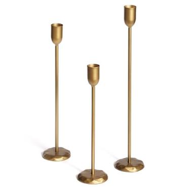 Imagem de Perfnique Conjunto de 3 castiçais cônicos de ferro - Castiçais de ferro de latão antigo para casamento, mesa de jantar, festa, decoração de cornija de lareira