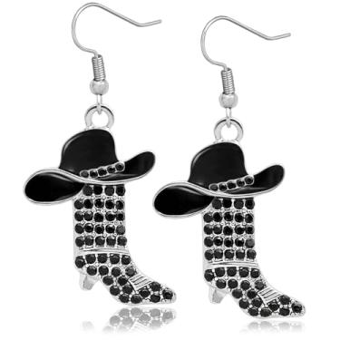 Imagem de Western West Cowgirl Texas Boots Spur Brincos pendentes Country Concert Outfit Accessories Rodeo Boho fantasia de vestido chique, cristal preto, botas prateadas e chapéu preto