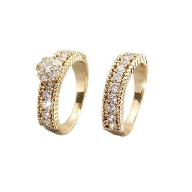 Imagem de 2 peças/conjunto de anéis de noivado de cobre banhado a ouro com zircônia cúbica embutida, alianças de compromisso, festas noturnas, presentes de dia dos namorados, alianças de eternidade para