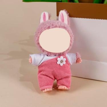 Imagem de Compatível com Labubu (sem boneca) - Macacão de veludo cotelê listrado rosa com flor e conjunto de top listrado cinza, roupa para bonecas de pelúcia de 15 cm/17 cm (rosa)