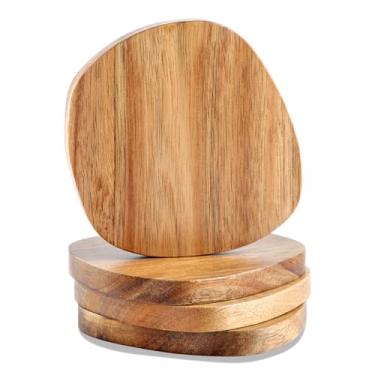 Imagem de HALE OTEIR Conjunto de 4 porta-copos de madeira de acácia, 10 cm de formato exclusivo, antiderrapante, sem suporte, para mesa de café de madeira para copos, canecas e copos