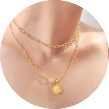 Imagem de Colar feminino com inicial em camadas, aço inoxidável banhado a ouro 18K, pingente de clipe de papel duplo A a Z, conjunto de duas correntes destacáveis, 16.5in/ 14+2in, Aço inoxidável, Sem Pedra