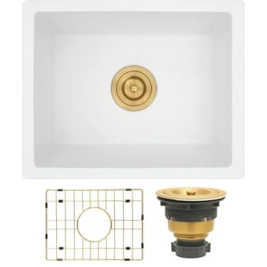 Imagem de MONSINTA Pia de cozinha embaixo da montagem, pia de barra branca de 45,7 cm x 35,5 cm, pia de cozinha composta de granito pequena com conjunto de ralo de pia dourada e grade inferior de pia dourada