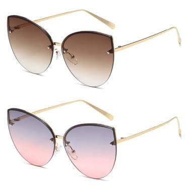 Imagem de 2 peças óculos de sol grandes sem armação estilo olho de gato, lentes degradê, armação de metal da moda, óculos de grau