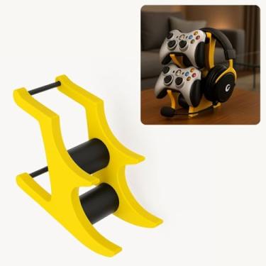 Imagem de Suporte para 2 Controles e Headset Gamer, Design Moderno, Base de Mesa, 21 cm de Altura, Compatível com PS4, PS5, Xbox, Switch Pro (amarelopreto)