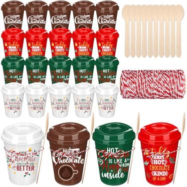 Imagem de Conjunto de 24 lembrancinhas de festa de chocolate quente presentes em barra de cacau a granel 340 g copos reutilizáveis de café de Natal com colheres de madeira e cordas para convidado, agradecimento