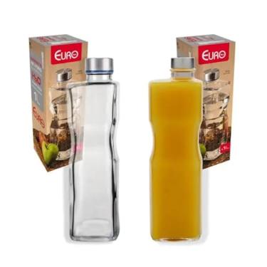 Imagem de Garrafa De Vidro H2o 1 Litro Quadrada Tampa Inox Antivazamento Água Suco Geladeira Euro Home
