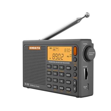 Imagem de XHDATA Rádio portátil R108 AM/FM/SW/LW/receptor de rádio de ondas curtas operado por bateria com boa recepção, ótimo alto-falante estéreo despertador antena externa (cinza)