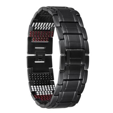 Imagem de Pulseira magnética de titânio masculina - revestimento PVD preto | Força e equilíbrio | 613 pedras minerais | Pulseira de terapia magnética hipoalergênica e durável
