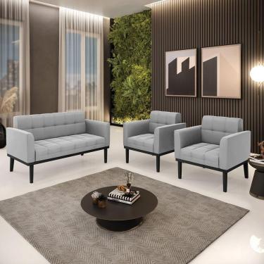 Imagem de Conjunto 2 Poltronas E 1 Namoradeira Decorativa Pés Fixo Em Madeira Preto Suede Cinza