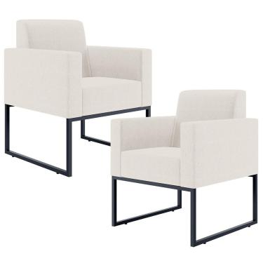 Imagem de Kit 02 Poltronas E Recepção Base Fixa De Metal Linho Cru