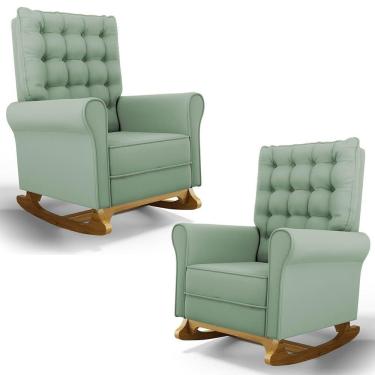 Imagem de Kit 02 Poltronas De Amamentação Base Madeira Balanço Brenda G05 Veludo Verde - Mpozenato