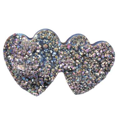 Imagem de Rockcloud Quartzo de cristal revestido de titânio em forma de coração duplo, estatueta de geodo drusa natural para decoração de casamento, escritório em casa, arco-íris
