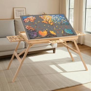 Imagem de TEAKMAMA Mesa de quebra-cabeça de 70 cm de altura, 1500 peças, quadro de quebra-cabeça com gavetas, 86,9 x 66,8 cm, ajustável, com 5 ângulos de inclinação, tabuleiro para adultos, natureza