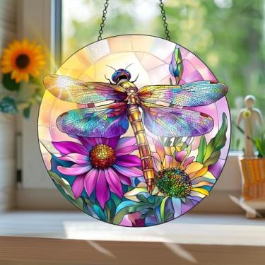 Imagem de Acrílico colorido Suncatcher, apanhador de sol estilo vitral impresso libélula com reflexos de arco-íris, decoração de janela suspensa, decoração de parede, ornamentos de Natal para uso interno e