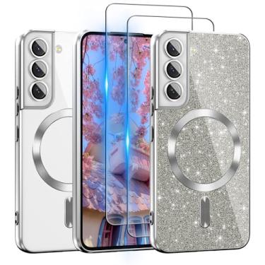 Imagem de ATUMP Capa para Galaxy S22 compatível com MagSafe, [cartão de glitter e 2 peças de películas HD] Linda capa brilhante brilhante [nunca amarela], fina, à prova de choque, antiarranhões, capa