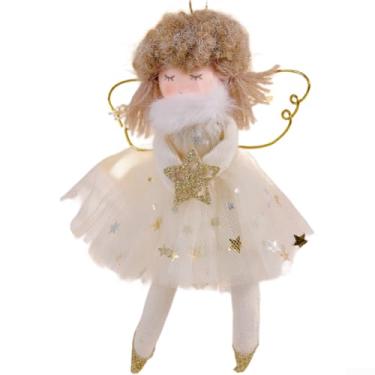 Imagem de Enfeite de pano com pingente de anjo de Natal com saia rosa para árvore, grinaldas ou decoração de casa festiva, decoração leve para pendurar, tamanho 15 x 12 cm, variantes de damasco/branco