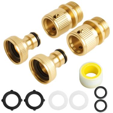 Imagem de cuteDIY Mangueira de jardim de latão sólido, conectores de mangueira de água sem vazamento de 3/4 polegadas GHT com arruelas de silicone extra e anéis de vedação (2 conjuntos)