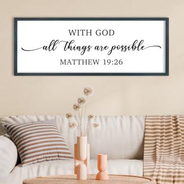 Imagem de FZMHASLWW With God All Things Are Possible Wall Decor Art 101.6 cm x 38.1 cm God Is Within Her She Will Not Fall Matthew 19:26 Sign Bible Verse Large Wooden Framed Wall Hanging (preto)