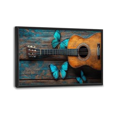 Imagem de Olivine Arte de parede de música, decoração de parede de imagens de guitarra, pintura de borboleta, impressões em tela de instrumentos musicais vintage, arte emoldurada para banheiro, quarto, sala de