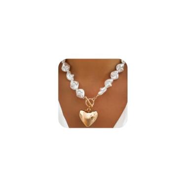 Imagem de Colar com pingente de coração de ouro grosso para mulheres, moderno, boêmio, barroco, pérola, gargantilha grande, prata, Love OT, fivela, colares, festa, baile, joias para presente, Large, Metal, Sem