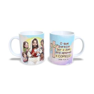 Imagem de Caneca Cristã em Cerâmica, Jesus é o Caminho a Verdade e a Vida, Decorativa com Cruz Floral, Turquesa e Branca, 325ml (18065)