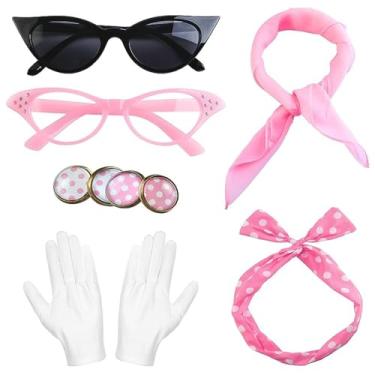 Imagem de 1950 Conjunto de acessórios de fantasia feminina de bolinhas, acessórios de cabelo, brincos, chiffon, cachecol, luvas, óculos olho de gato, rosa, One Size