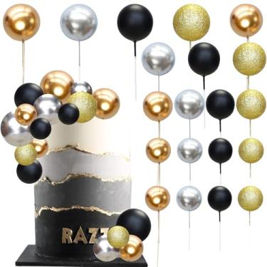 Imagem de Ephlyn 32 peças de topo de bolo de bolas de espuma e arame decorações mini balões de topo de bolo palitos para festa de casamento, decoração de bolo de aniversário, preto, ouro, prata