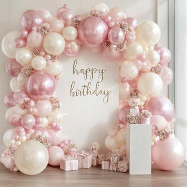 Imagem de Kit de arco de balões rosa e branco, com enchimento duplo, pérola pastel, rosa claro, rosa metálico, pérola, areia, branco, bege, marfim, balões, guirlanda, kit para decoração de aniversário