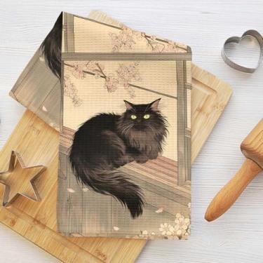 Imagem de Toalhas de cozinha japonesas de desenho animado de gato e cena da natureza, toalha de prato decorativa de microfibra absorvente estilo japonês, toalhas de chá de waffle para cozinha, casa, banheiro