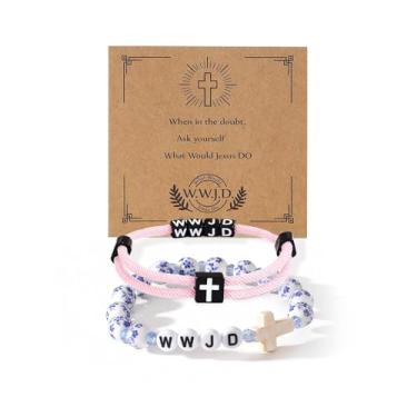 Imagem de Wwjd Pulseira feminina com contas cruzadas ajustável What Would Jesus Do Christian Inspirational Batismo Jewelry Presentes delicados para Natal, aniversário, Large, Sem Pedra Preciosa