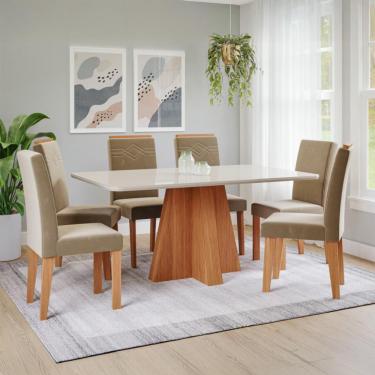 Imagem de Conjunto de Mesa Retangular com Tampo de Vidro Off White Maitê e 6 Cadeiras Tais e Maia Suede Joli e Amadeirado