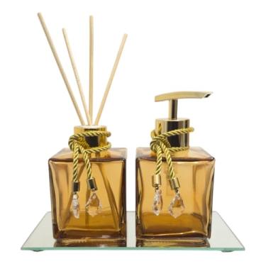 Imagem de Kit Banheiro Luxo com Saboneteira e Aromatizador Difusor Cubo de Vidro Âmbar 250ml – Com Bandeja Espelhada e Varetas de Madeira