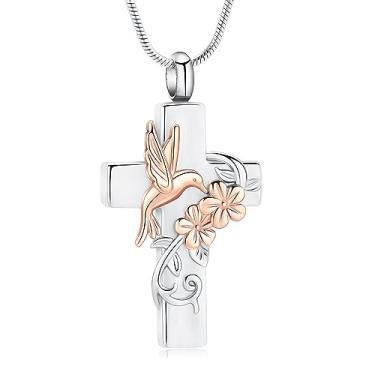 Imagem de mingkejw Colar de urna com cruz de beija-flor para cinzas, joia de cremação para mulheres e homens, colar memorial de aço inoxidável, suporte de cinzas para animais de estimação humanos, joia de