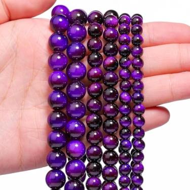 Imagem de Song Xi 60 peças de contas de pedra preciosa olho de tigre roxo de 6 mm para fazer joias, contas de vidro lisas redondas para pulseira faça você mesmo, colar, brinco, chaveiro, artes e artesanato