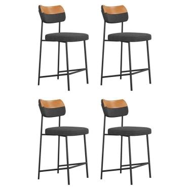 Imagem de Kit 04 Banquetas Médias Cozinha Lila Estofada Couríssimo Whisky Linho Grafite - Abmaza