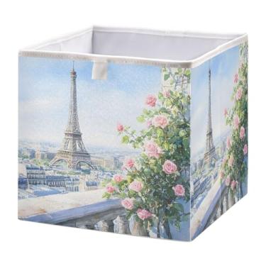 Imagem de SEHANY Caixa de armazenamento dobrável com flores da Torre Eiffel, organizador de tecido grande, dobrável, para roupas, brinquedos, livros, armário, berçário, 28 x 28 x 28 cm