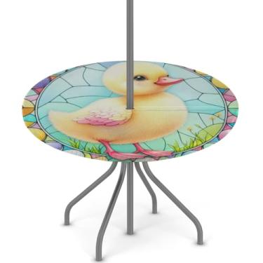 Imagem de hongjinglin Toalha de mesa de Páscoa para uso ao ar livre com orifício para guarda-chuva, toalha de mesa redonda elástica com zíper, impermeável, limpável, para piquenique, festa, pátio, serve para