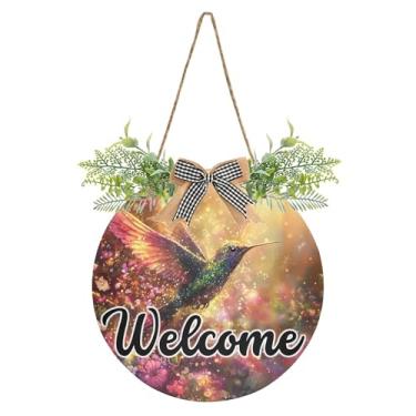 Imagem de SEHANY Placa de boas-vindas colorida, beija-flor, decoração de porta da frente, guirlanda de boas-vindas redonda para decoração de casa de fazenda, varanda, pátio, 30 x 30 cm