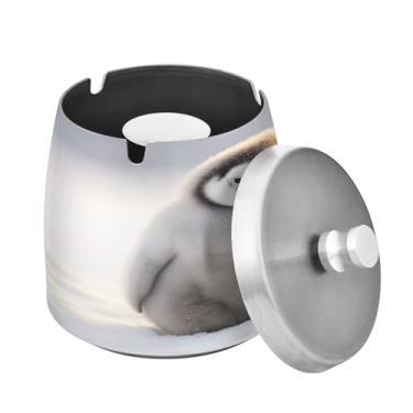 Imagem de Blueangle Cinzeiro de dois pinguins com tampa para cigarros, à prova de vento/chuva, aço inoxidável, sem fumaça, inodoro, cinzeiro para uso interno ou externo (522)