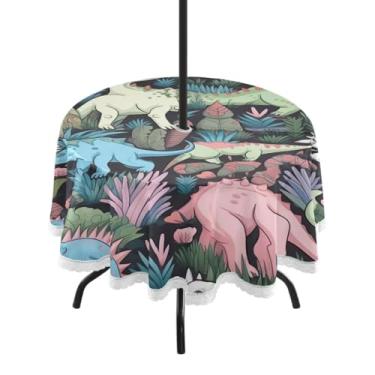 Imagem de Blueangle Toalha de mesa redonda de dinossauro colorido à prova d'água de 152 cm com orifício para guarda-chuva - Tecido resistente à prova de sol para todos os climas, acessórios de pátio