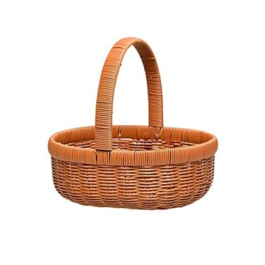 Imagem de Fenteer Cesta oval de vime com alça alongada para frutas e legumes, com aparência rústica e elegante, ideal para compras. Leve multiuso, Size S